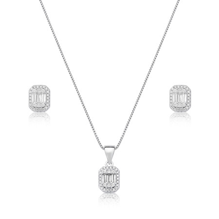 Conjunto Prata c/ Ródio Retangular Cravejado c/ Zircônias Redondas e Baguetes 9mm