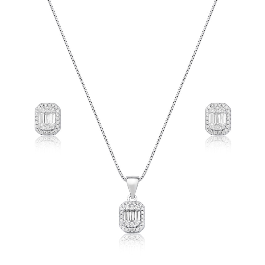 Conjunto Prata c/ Ródio Retangular Cravejado c/ Zircônias Redondas e Baguetes 9mm