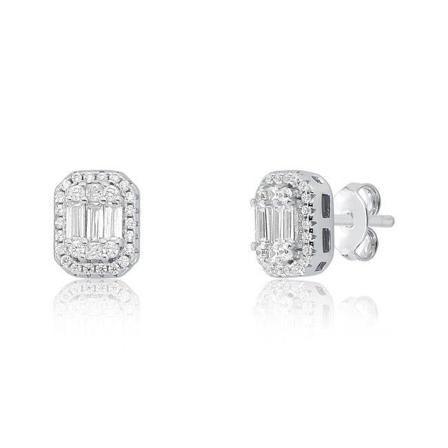 Conjunto Prata c/ Ródio Retangular Cravejado c/ Zircônias Redondas e Baguetes 9mm