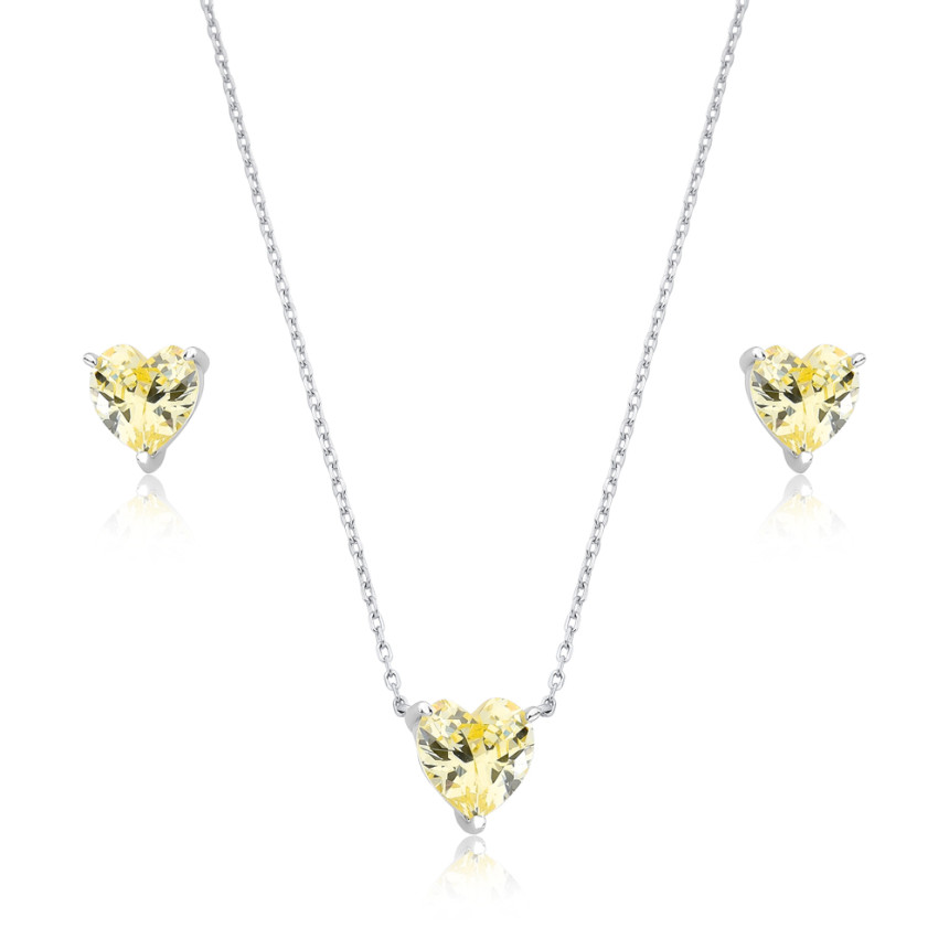 Conjunto Prata c/ Ródio Coração Zircônia Citrino