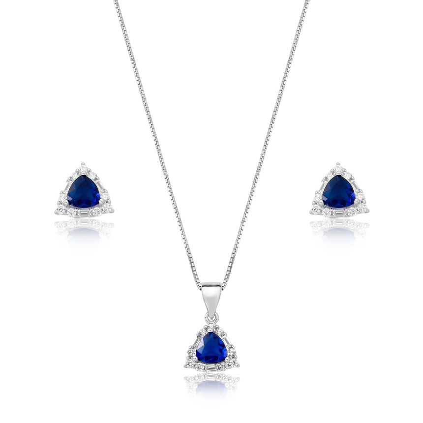 Conjunto Prata c/ Ródio Triangulo Zircônia Safira e Borda Cravejada