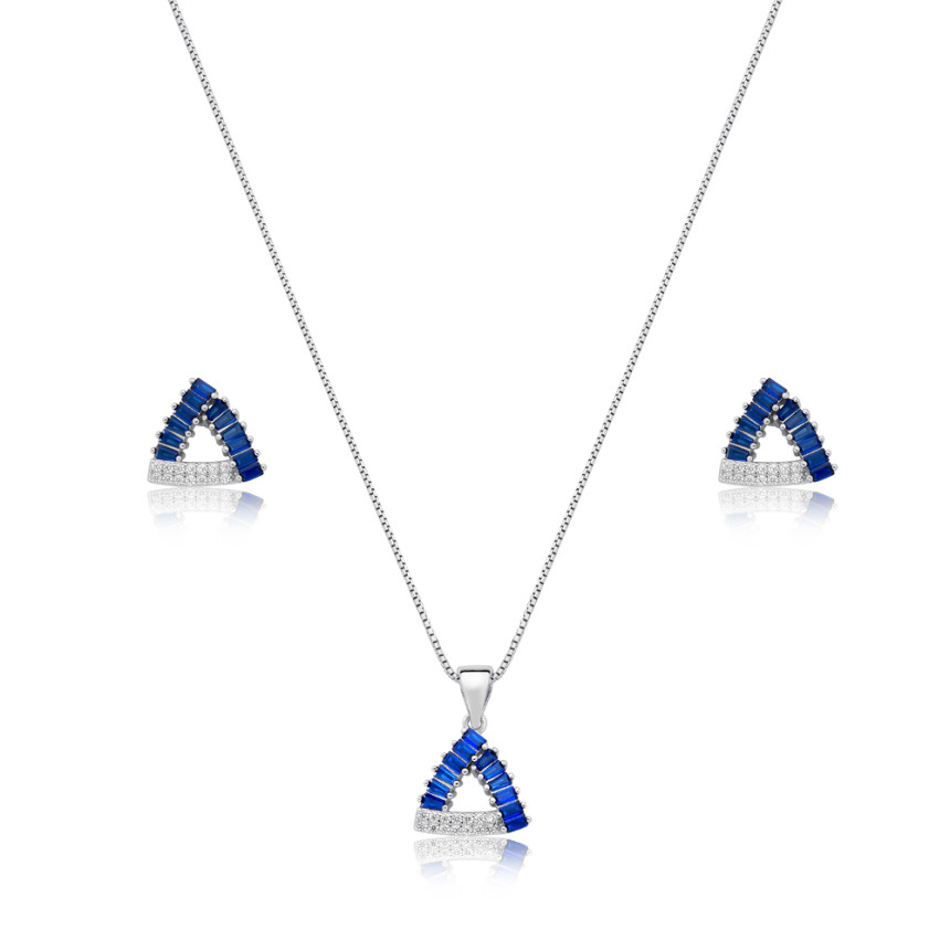 Conjunto Prata c/ Ródio Triangulo Vazado Cravejado Zircônia Baguete Safira