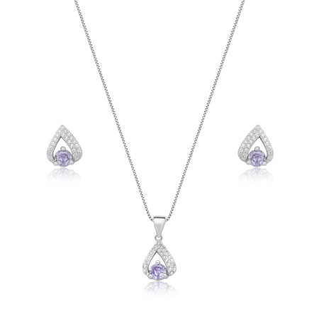 Conjunto Prata c/ Ródio Triangulo Vazado c/ Zircônia Ametista e Borda Cravejada