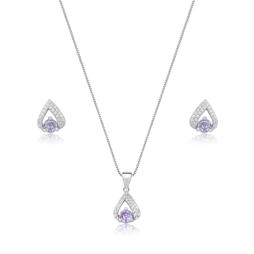 Conjunto Prata c/ Ródio Triangulo Vazado c/ Zircônia Ametista e Borda Cravejada