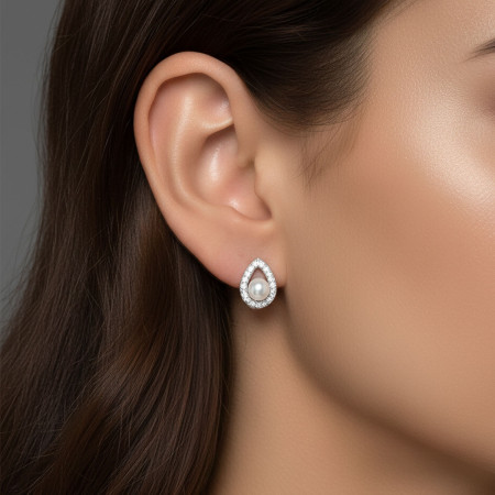 Conjunto Prata c/ Ródio Gota Vazada c/ Pérola Natural e Borda Cravejada