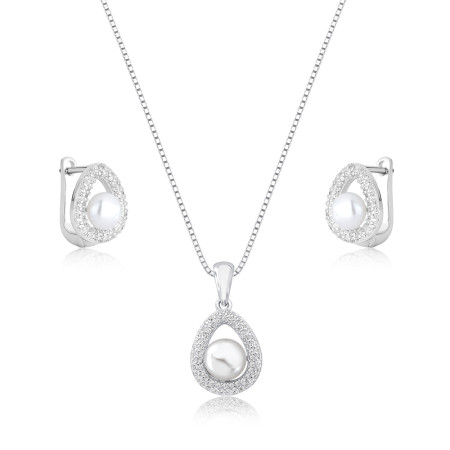 Conjunto Prata c/ Ródio Gota Vazada c/ Pérola Natural e Borda Cravejada