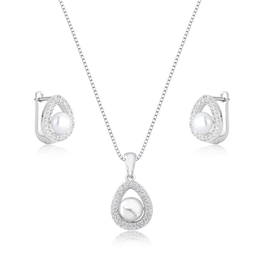 Conjunto Prata c/ Ródio Gota Vazada c/ Pérola Natural e Borda Cravejada