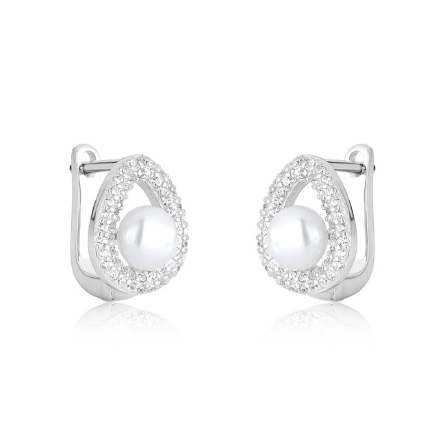 Conjunto Prata c/ Ródio Gota Vazada c/ Pérola Natural e Borda Cravejada