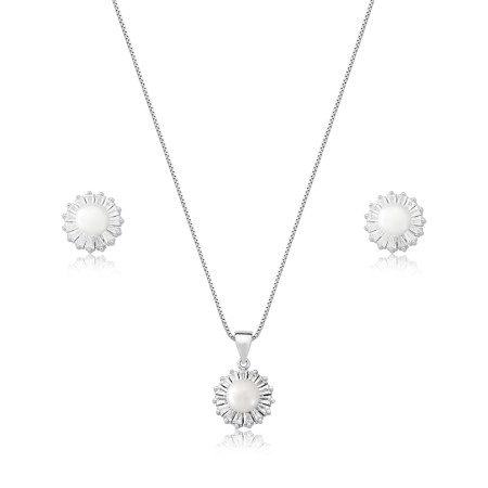 Conjunto Prata c/ Ródio Pérola Natural c/ Borda Cravejada Baguete