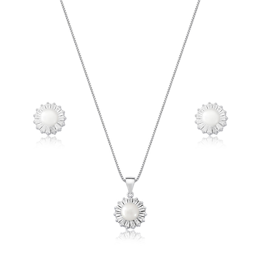 Conjunto Prata c/ Ródio Pérola Natural c/ Borda Cravejada Baguete
