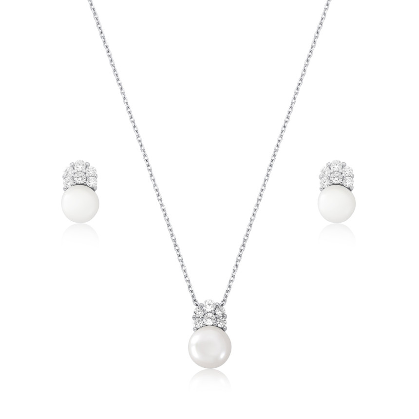 Conjunto Prata c/ Ródio Pérola Natural c/ Base Flor Cravejada