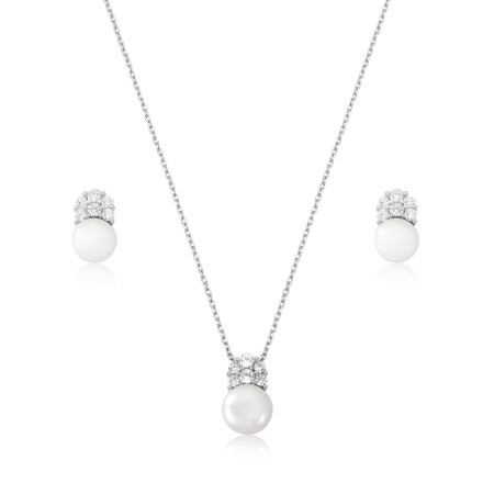 Conjunto Prata c/ Ródio Pérola Natural c/ Base Flor Cravejada