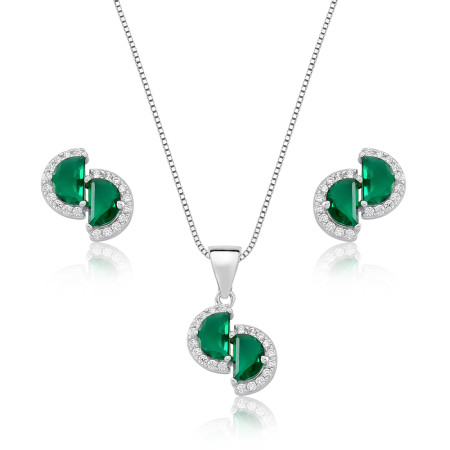 Conjunto Prata c/ Ródio Duas Metades de Zircônia Esmeralda e Borda Cravejada
