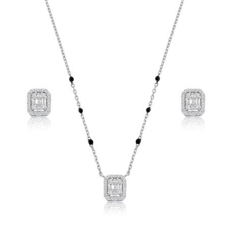 Conjunto Prata c/ Ródio Retangular Cravejado c/ Detalhes Resina Preta na Corrente