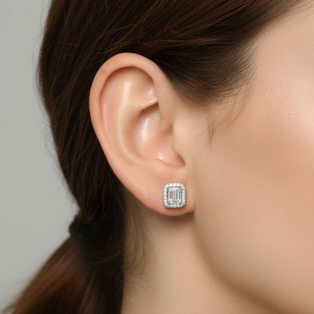 Conjunto Prata c/ Ródio Retangular Cravejado c/ Detalhes Resina Preta na Corrente