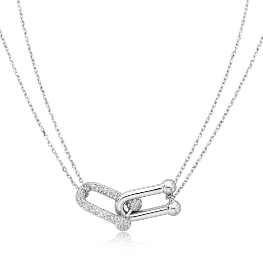 Gargantilha Prata c/ Ródio Pingente Cartier "M" Duplo Liso / Cravejado