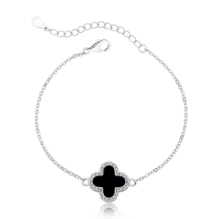 Pulseira Prata c/ Ródio Trevo Ônix Borda Cravejada
