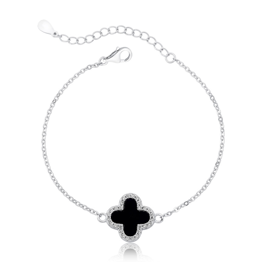 Pulseira Prata c/ Ródio Trevo Ônix Borda Cravejada