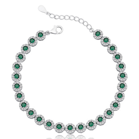 Pulseira Prata c/ Ródio Flores Cravejadas Miolo Zircônia Esmeralda
