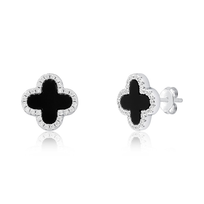 Brinco Prata c/ Ródio Fixo Trevo Ônix Borda Cravejada 15mm