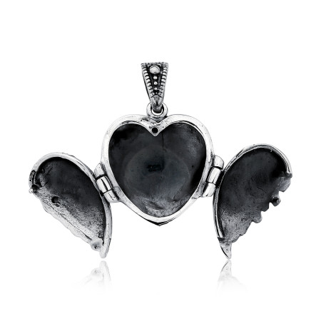Pingente Prata Relicário Coração Alado Envelhecido