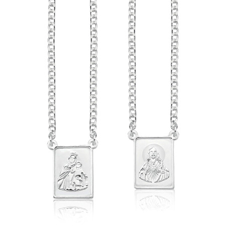 Escapulário Prata Sagrado Coração de Jesus e Nossa Senhora do Carmo Alto Relevo 70cm