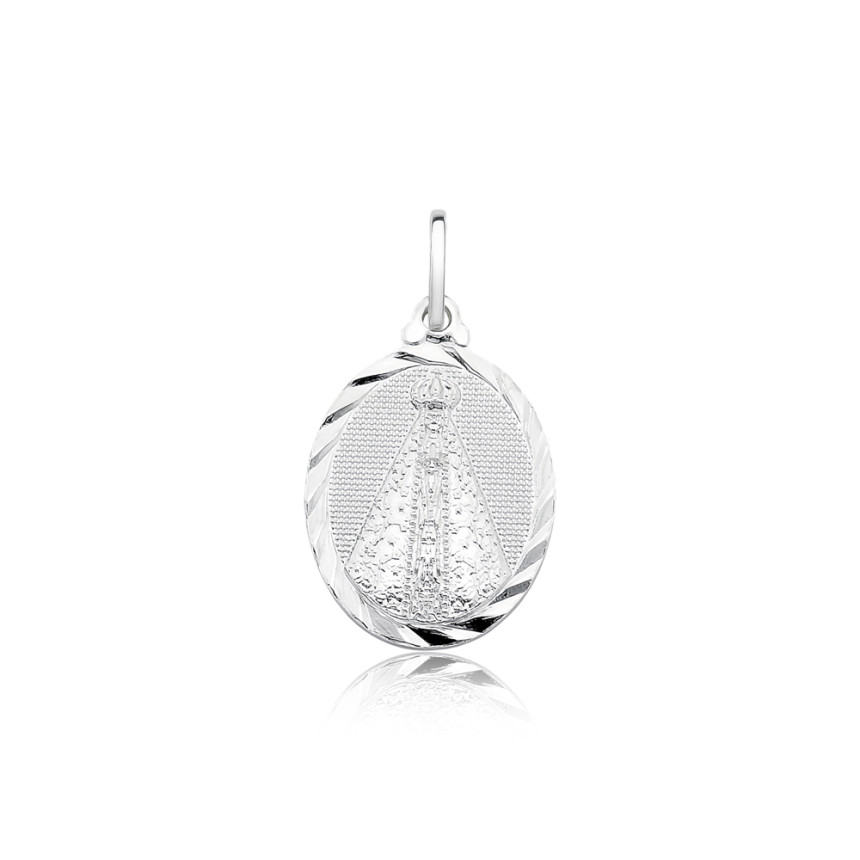 Pingente de Prata Medalha Oval Nossa Senhora Aparecida Acetinada