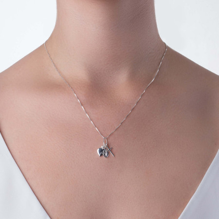 Pingente de Prata Patuá Coração/ Cruz/ Nossa Senhora das Graças