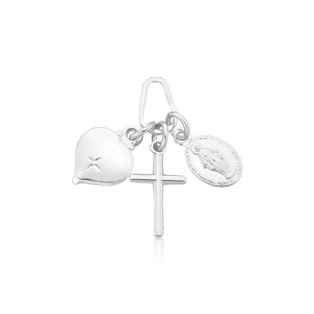Pingente de Prata Patuá Coração/ Cruz/ Nossa Senhora das Graças
