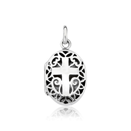 Pingente de Prata Relicário Oval Vazado Cruz Envelhecido