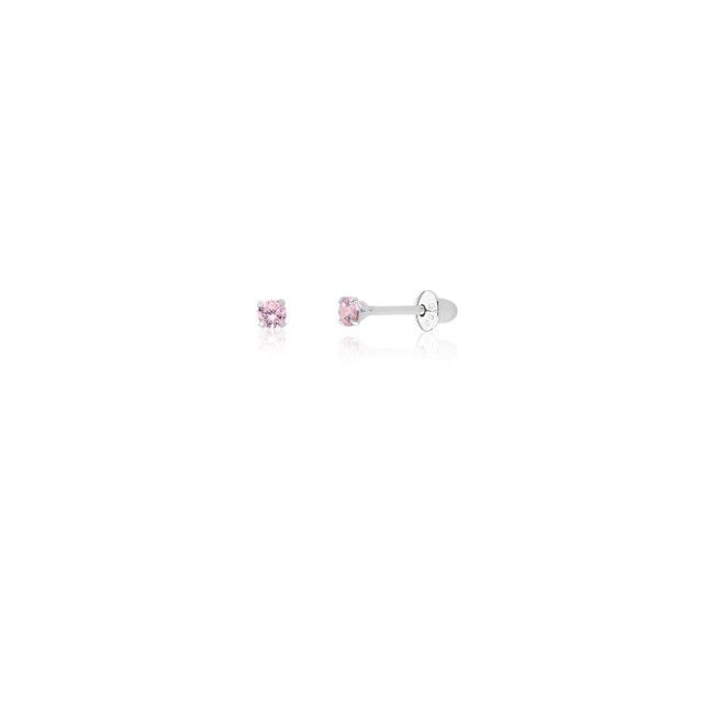 Brinco de Prata Infantil Zircônia Rosa Tarraxa Baby