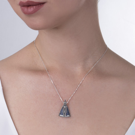 Gargantilha Prata Nossa Senhora Aparecida Zircônias Azuis Envelhecida