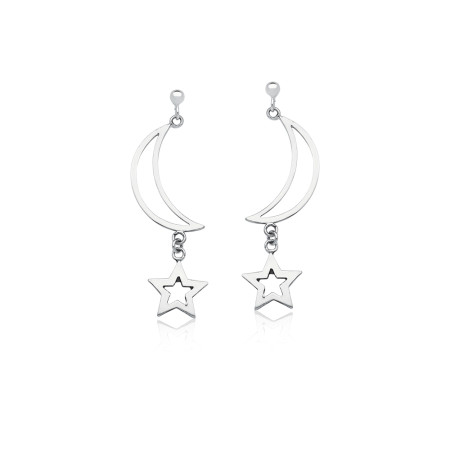 Brinco de Prata Lua Vazada com Estrela Suspensa