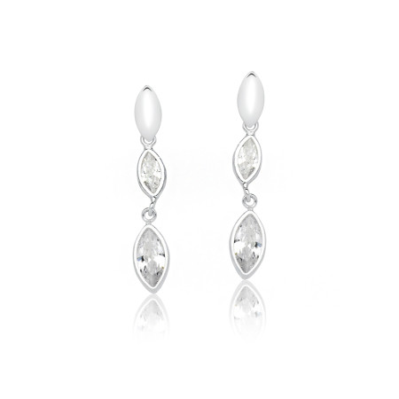 Brinco de Prata Dupla Zircônia Navete com Base Lisa