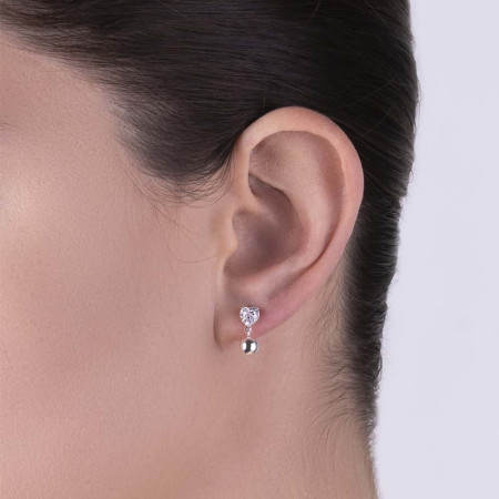 Brinco de Prata Zircônia Coração com Esfera
