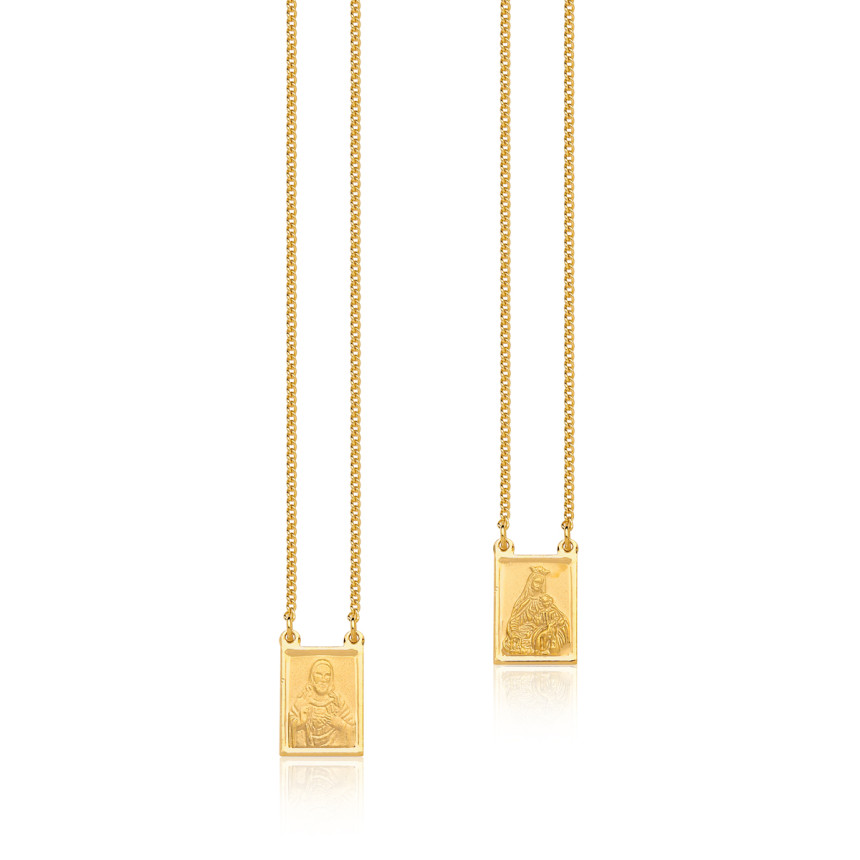 Escapulário Nossa Senhora do Carmo e Sagrado Coração de Jesus 60cm Folheado a Ouro 18k