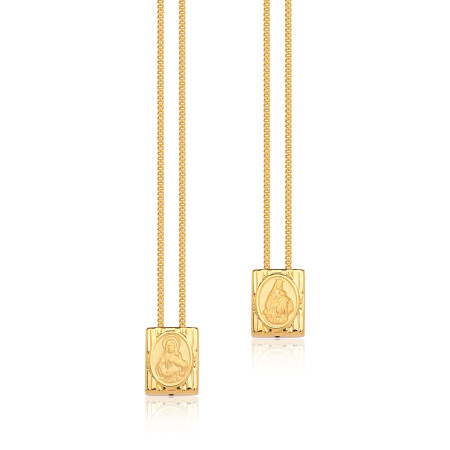 Escapulário Caixa Nossa Senhora do Carmo e Sagrado Coração de Jesus 70cm Folheado a Ouro 18k