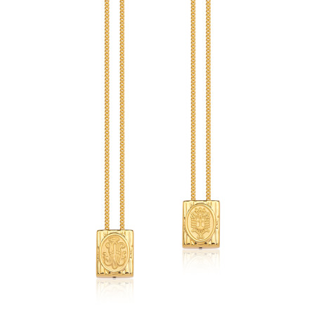 Escapulário Caixa Nossa Senhora do Carmo e Sagrado Coração de Jesus 70cm Folheado a Ouro 18k