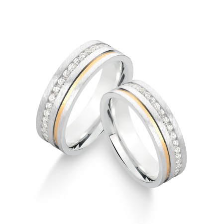 Aliança de Compromisso Prata Acetinada Quadrada c/ Friso Cravejado e Filete Ouro / 6mm (Valor da unidade)