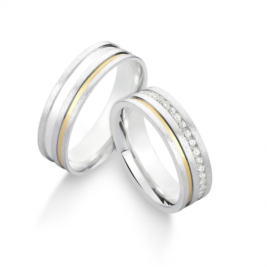 Aliança de Compromisso Prata Acetinada Quadrada COM ou SEM Friso Cravejado e Filete Ouro / 6mm (Valor da unidade)