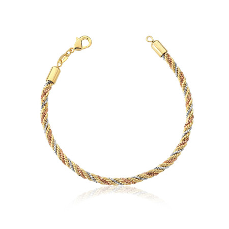 Pulseira Cordão Baiano Três tons de Ouro 18cm (4mm) Folheada a Ouro 18k