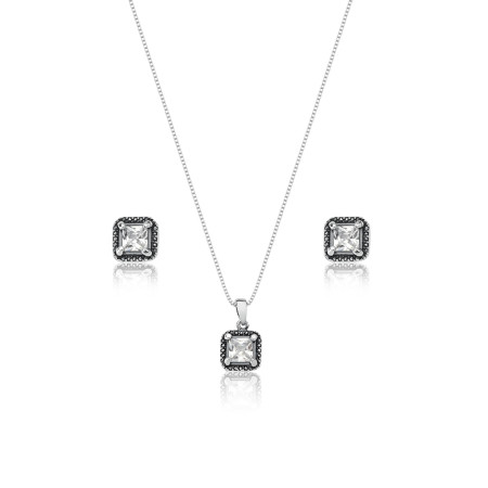Conjunto de Prata Zircônia Quadrada Borda Envelhecida