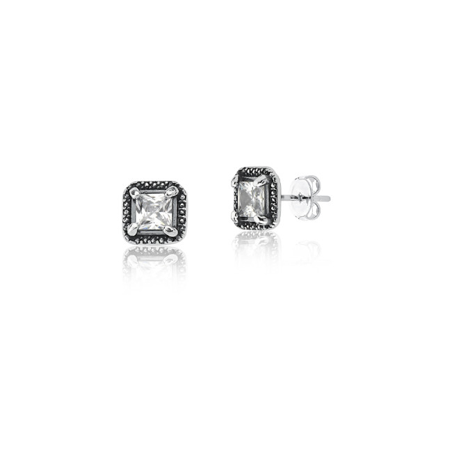 Conjunto de Prata Zircônia Quadrada Borda Envelhecida