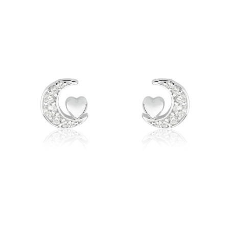 Brinco de Prata Lua Cravejada c/ Coração Liso 