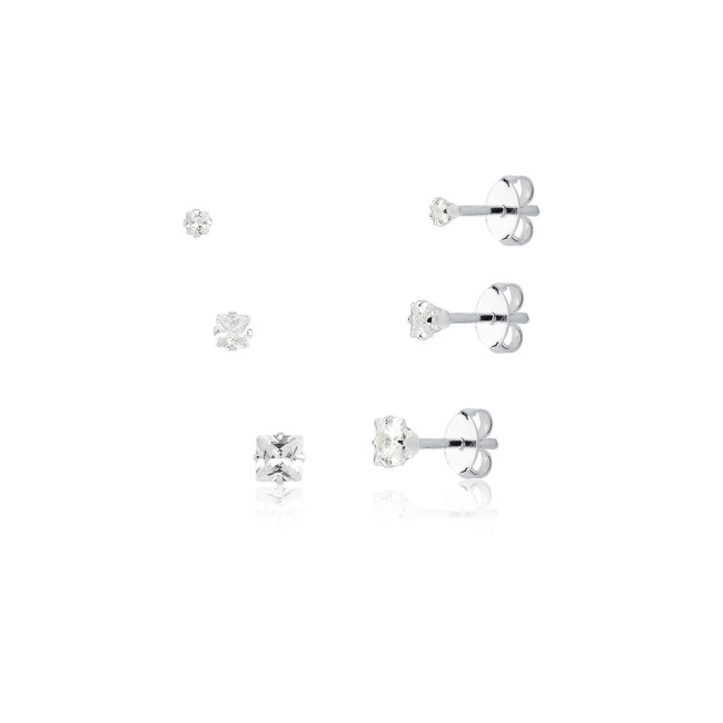Brinco de Prata Fixo Kit Zircônia Quadrada