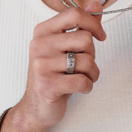 Anel de Prata Masculino Zircônia Retangular Envelhecido