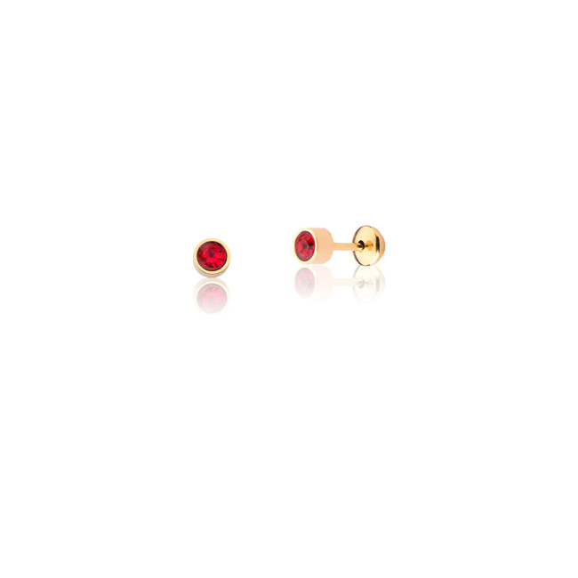 Brinco Fixo Liso c/ Zircônia Vermelha Embutida 4mm  Baby Folheado a Ouro 18k