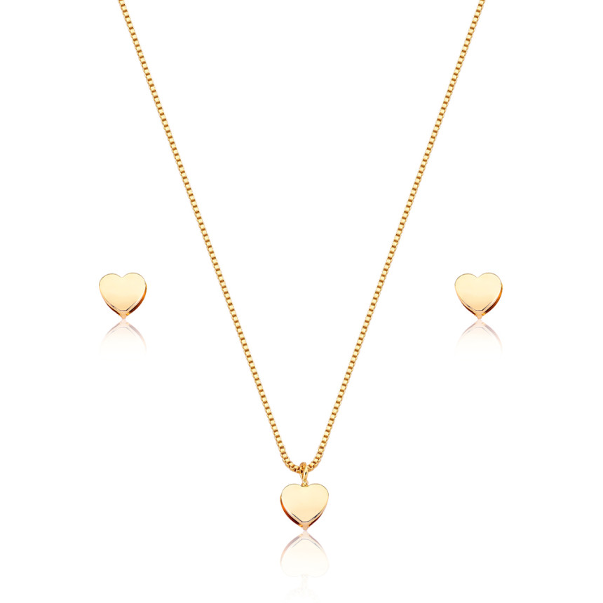 Conjunto Coração Liso Folheado a Ouro 18K