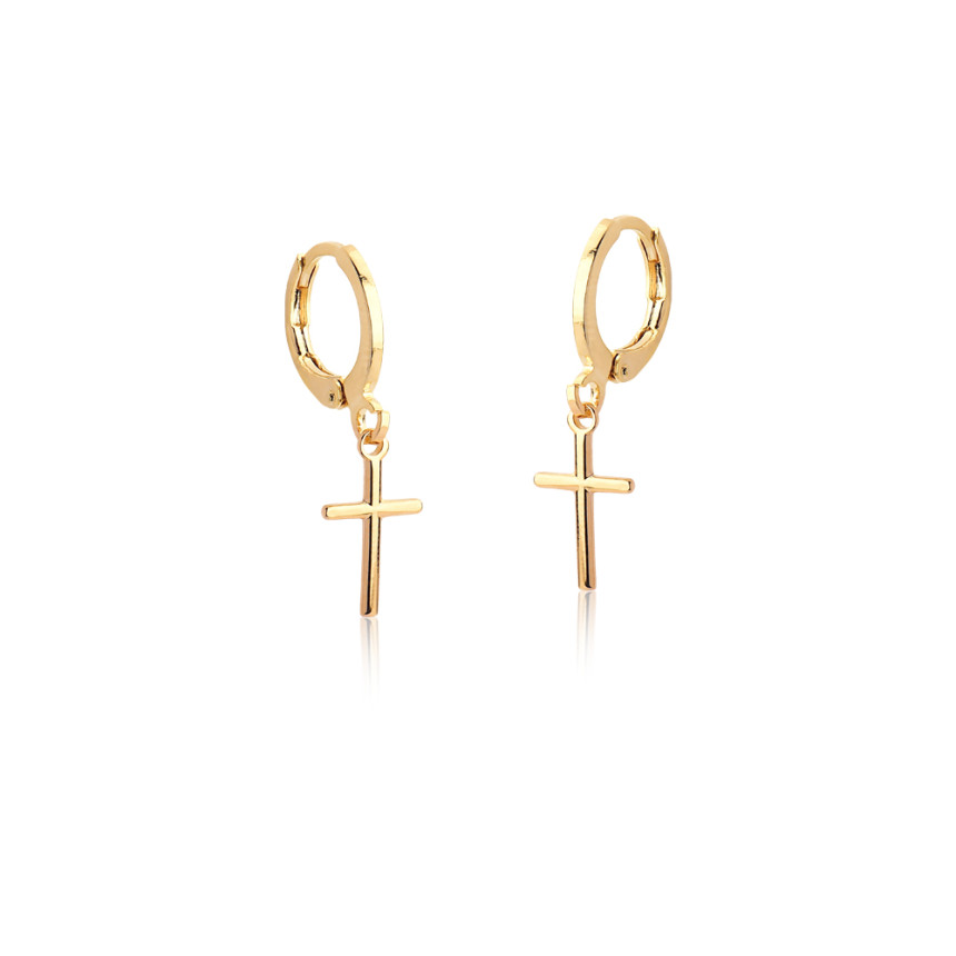 Argola Click Fio Quadrado Liso c/ Pingente Cruz Folheada a Ouro 18k