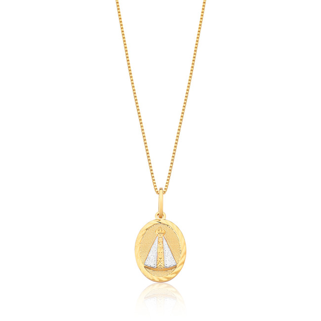 Pingente Nossa Senhora Aparecida Medalha Oval c/ Aplique Ródio Folheado a Ouro 18k